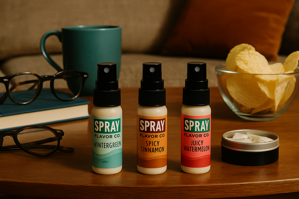 3 spray bottles of spray flavor sitting on a wood table. Wintergreen, Spicy cinnamon, and Juicy watermelon