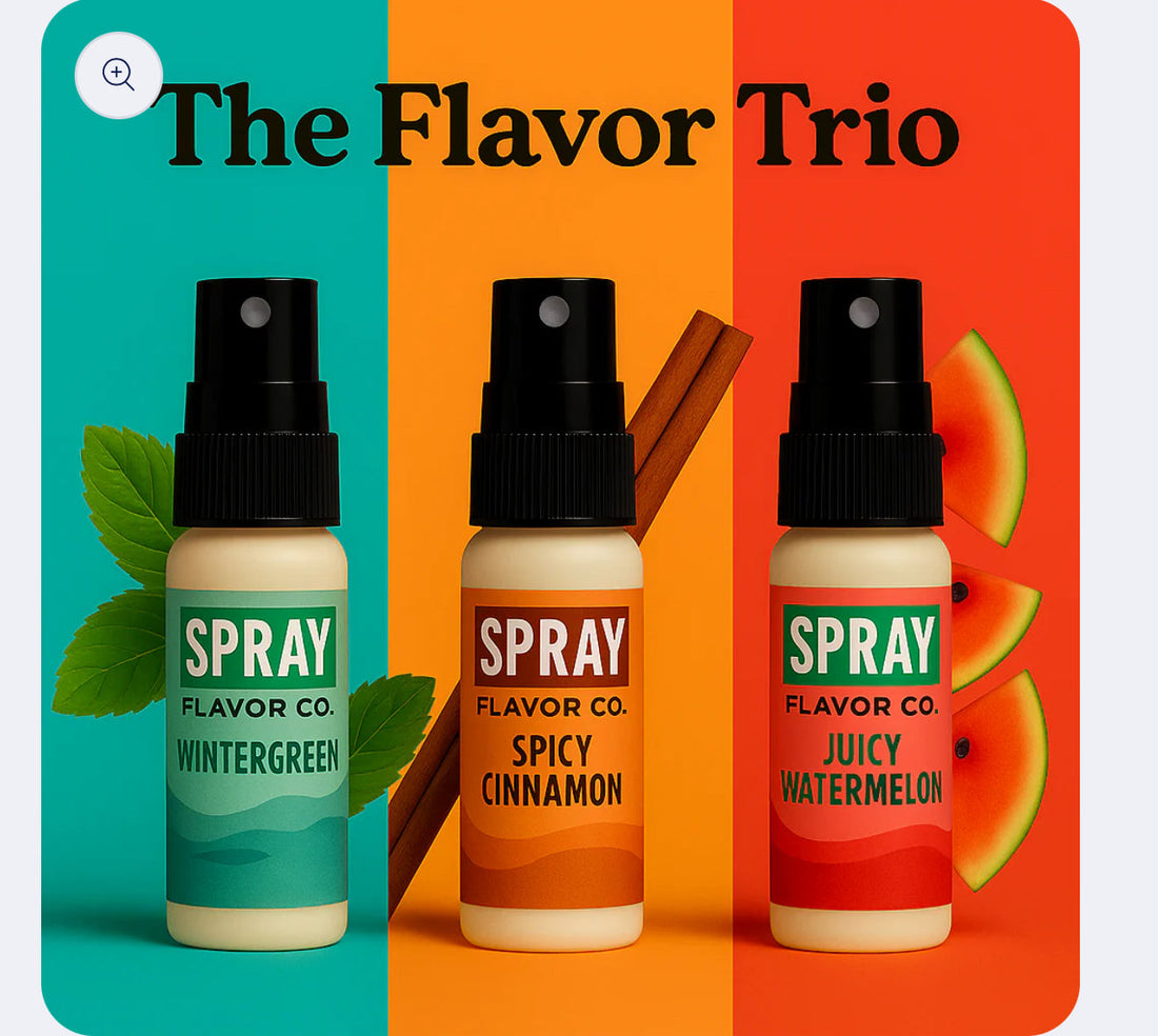 3 Flavor's of spray flavor in spray bottle. Wintergreen, Spicy Cinnamon, and Juicy Watermelon