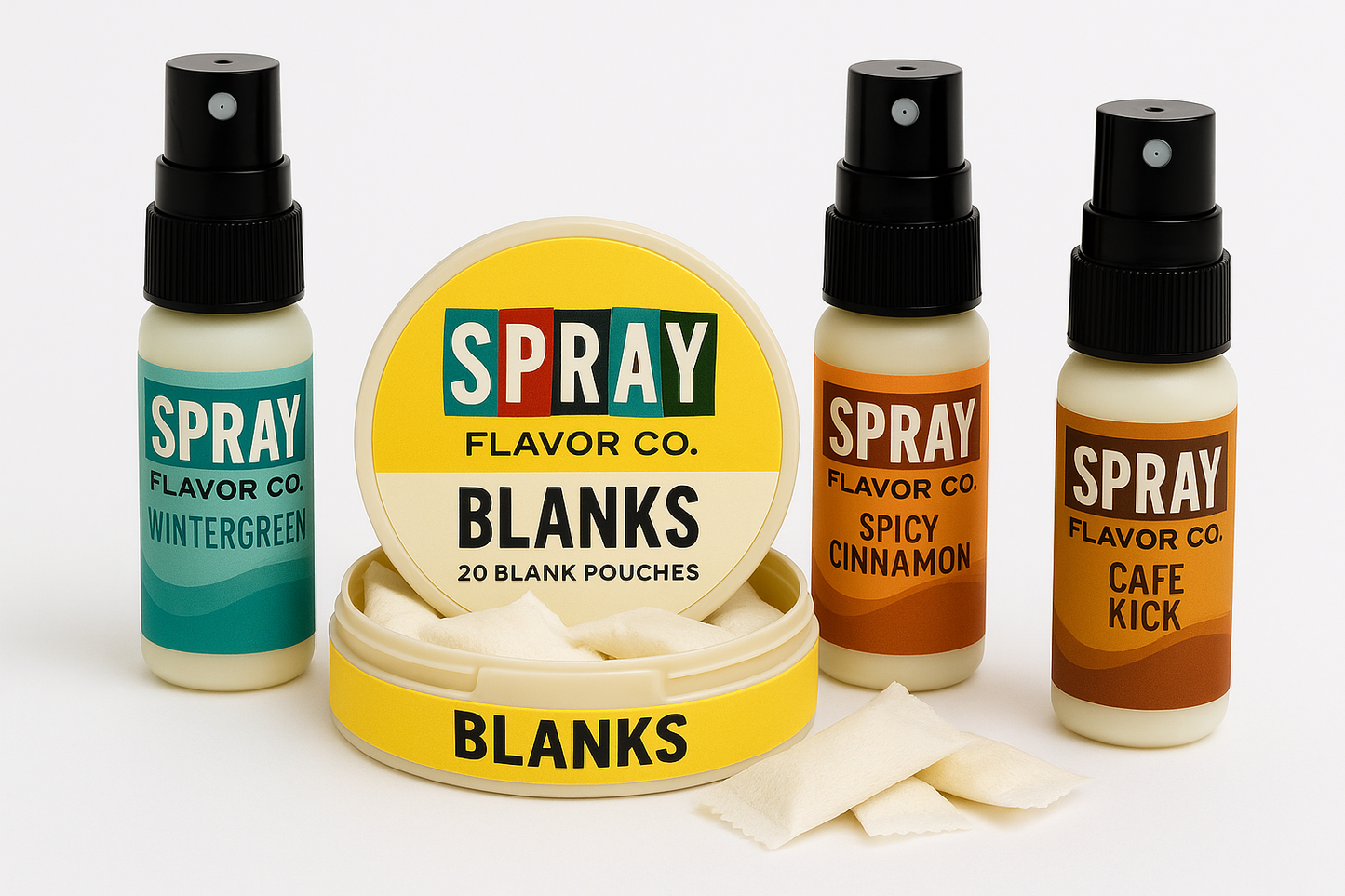 Spray flavor bottles and blank pouches 